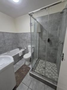 a bathroom with a shower and a toilet and a sink at Mlangeni's Rest in Centurion