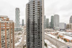 an aerial view of a city with tall buildings at PlanURstay - Ideal 2BR & 2 BTH - Near SQ1 Mall in Mississauga