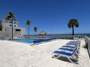 a swimming pool with blue lounge chairs and the ocean at Bird of Paradise in Marathon