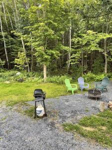 a barbecue grill and two chairs in a yard at Cozy Secluded Cabin with Fire Pit and Barbecue in Greenville, Maine in Greenville