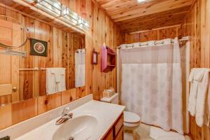 a bathroom with a sink and a toilet and a mirror at On The River in Banner Elk +42 photos