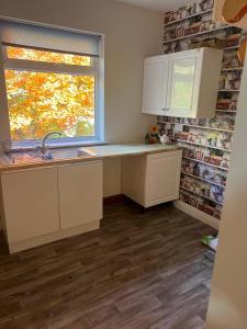 una cocina con fregadero y ventana en The Holm, en Canonbie