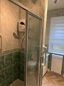 una ducha con puerta de cristal en un baño en The Holm, en Canonbie 1 foto más