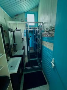 a blue bathroom with a shower and a sink at La Perle Marine superbe vue mer terrasse 30m2 in Criel-sur-Mer