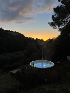 a bath tub sitting in the grass with the sunset at L'hôtel des oiseaux in Les Baux-de-Provence