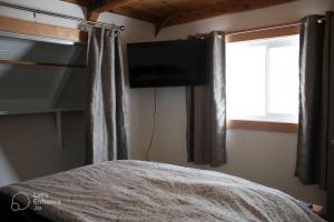 奥克港Room in Shared A-Frame Chalet的一间带床、电视和窗户的卧室