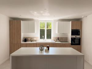 a white kitchen with a large white counter top at Longère de charme au vert in Cessières
