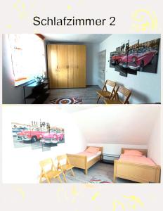 Dos fotos de una habitación con coches en la pared en Modern Doppelhaus, en Baunatal