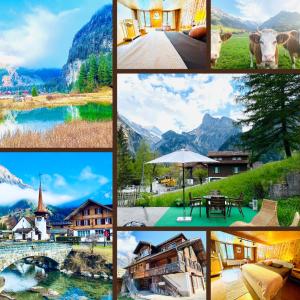 eine Fotocollage mit Bergen und einer Stadt in der Unterkunft Cozy Apartment in Vintage House in Kandersteg in Kandersteg