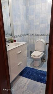 Un baño con inodoro, lavabo y espejo. en Vivenda Soalheira, en Fajã de Baixo