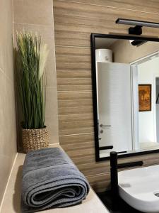 a bathroom with a sink and a towel and a mirror at Anna apartman in Niš