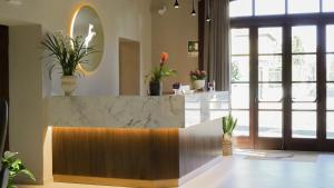 a lobby with a marble counter with plants on it at Locanda del lupo in Soragna