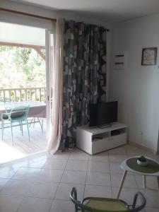 een woonkamer met een televisie en een patio bij F2 proche plage Anse Mitan in Les Trois-Îlets