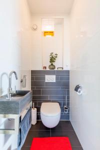 a bathroom with a toilet and a sink and a red rug at Casa Mirador Sleep Inn in Almere