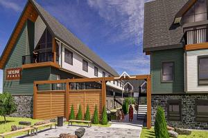 a rendering of a building with people walking outside at Chick and Cozy Haven near Banff with Hot tub and Pool in Canmore