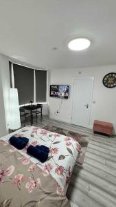 卡迪夫Explore Cardiff - Stylish Studio Apartment Near City Centre的一间卧室，床上有两个枕头