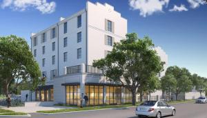 una rappresentazione di un edificio bianco con un'auto parcheggiata di fronte di Hotel Daphne a Houston