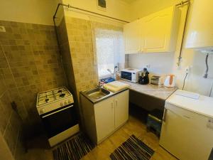 a small kitchen with a sink and a stove at Bükk-Völgye Apartman in Bogács