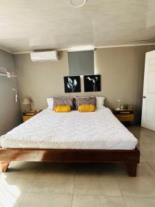 a bedroom with a large bed with yellow pillows at Apartamento Einoah in Puerto Limón