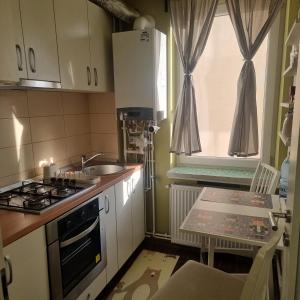Una cocina con estufa, fregadero y ventana. en Apartament Flavia, en Craiova