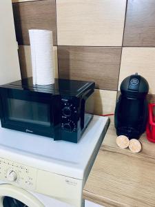 a microwave sitting on top of a washing machine at Stejarului App in Floreşti