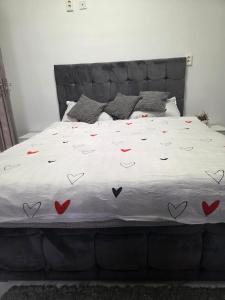 a bed with hearts painted on the sheets at Mary Magnolia in Craiova
