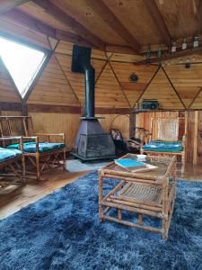 a living room with a stove in a cabin at DOMO Ecológico in Curacautín
