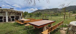 einem Picknicktisch und Bänken auf einem Feld in der Unterkunft Rural Casa Caravaca, 1º, Campo San Juan in La Risca