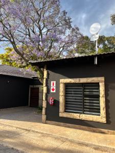 a building with a window and a tree with purple flowers at 98 Inn Guesthouse Two Bedroom Apartment in Jacksonʼs Drift