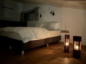 a bedroom with a bed with two lights on the floor at Le Marzelheide 2 in Lontzen
