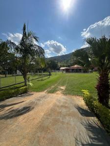 un camino de tierra que conduce a un campo con palmeras en Chácara para Alugar Recanto dos Picutis, 