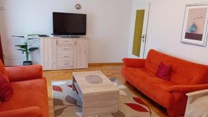 WaldkappelRJS Lambach GbR, Ferienwohnung am Dorfplatz的客厅配有橙色家具和平面电视。