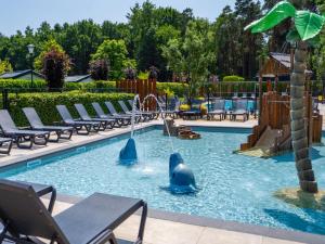 a pool with two dolphins in the water at Chalet by Pond with Sauna in Veldhoven