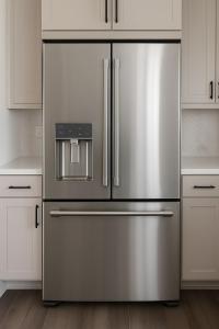 a stainless steel refrigerator in a kitchen with white cabinets at Modern Private Room with Private Bath in Manteca