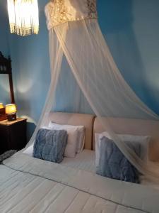 a white bed with a canopy in a room at Meteora best view villa in Kalabaka