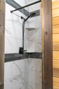 a shower stall with a shower head in a bathroom at Bourbon Barrel Cottages #2 of 5 on Kentucky trail in Lawrenceburg
