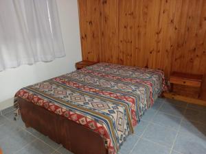 a bed in a room with a wooden wall at Complejo Antilhue in Las Grutas
