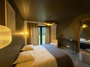 a bedroom with a large bed and a mirror at Modern house 4 bedrooms in Tassin-la-Demi-Lune