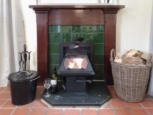 een open haard in een kamer met een vuilnisbak bij The Smiddy in Glasserton