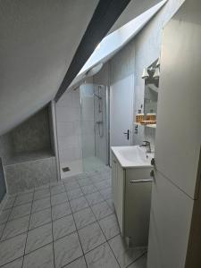 ein Badezimmer mit Dusche, Waschbecken und Toilette in der Unterkunft Charming 3-room apartment in Thionville