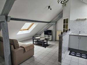 ein Wohnzimmer mit Couch und Fernseher auf einem Dachboden in der Unterkunft Charming 3-room apartment in Thionville