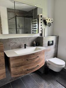 Ransbach-BaumbachにあるGanze Wohnung mit großem Parkplatz-Nähe A3の洗面台とトイレ付きのバスルーム