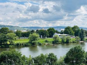 Spacious 72 sqm Moselblick apartment & top connection في ترير: نهر فيه اشجار ومدينة في الخلف