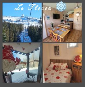 a collage of pictures of a kitchen and a bedroom at Le Flocon, Joli Cocon des Neiges en Rez de Jardin - Les Rousses - Draps inclus & Parking gratuit in Les Rousses