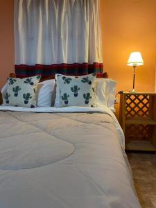 una cama blanca con almohadas y una cortina en una habitación en Cabana Mirador Sumajpacha, en Tilcara