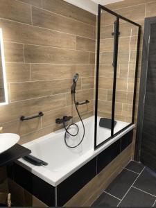 a shower in a bathroom with a tub at Hôtel Blue Garden in Grandvillers +41 photos
