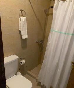 Un baño con una cortina de ducha blanca y un inodoro. en Cabana Mirador Sumajpacha, en Tilcara 9 fotos más