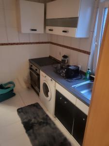 a small kitchen with a sink and a washing machine at Small apartment suitable for craftsmen in Westerburg