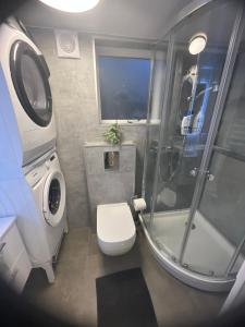 a small bathroom with a toilet and a shower at Ary & Pablo Airport Stay in Keflavík
