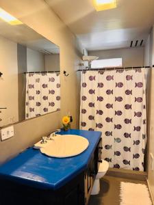 a bathroom with a sink and a toilet and a shower curtain at Pousada Azul do Mar in Búzios